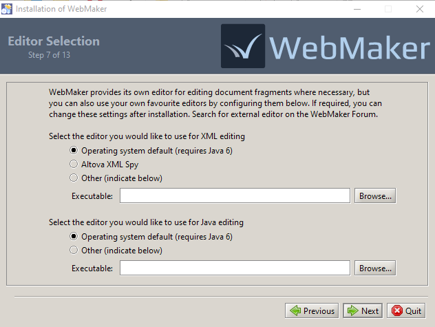 WebMaker Installation - Editor Selection