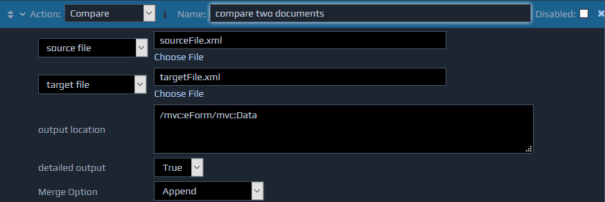 Screen-shot of an example compare action