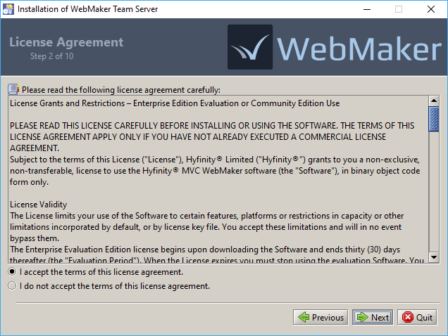 Team Server Installation - Licence Agreement