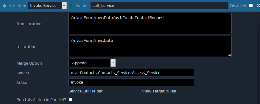 Screen-shot of an example invoke service action