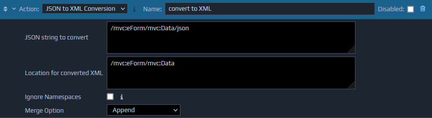 Screen-shot of an example JSON to XML Conversion action