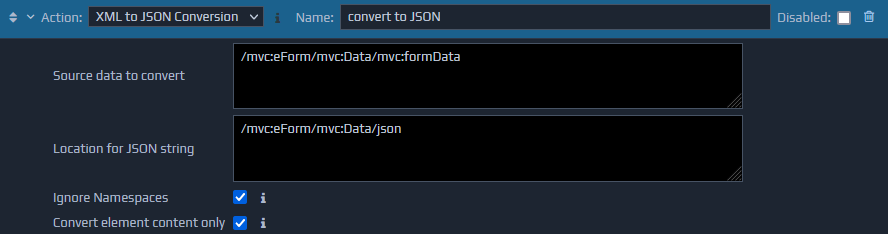 Screen-shot of an example XML to JSON Conversion action
