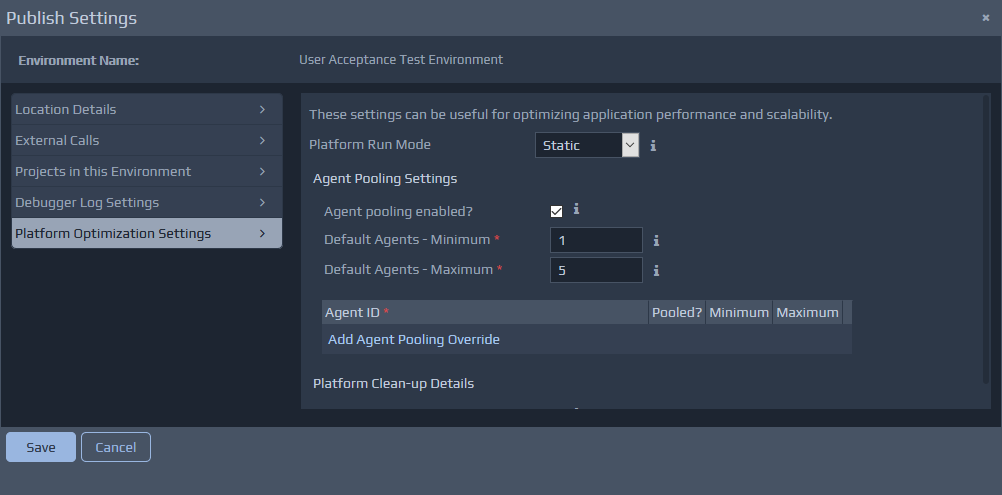 Publish Settings - Platform Optimisation Details screen