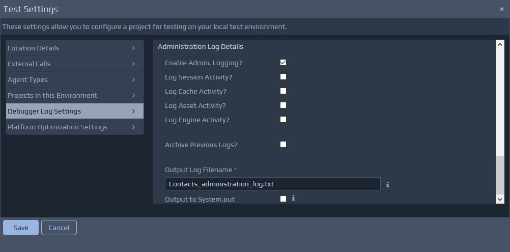 Test Settings - Administration Log Settings screen