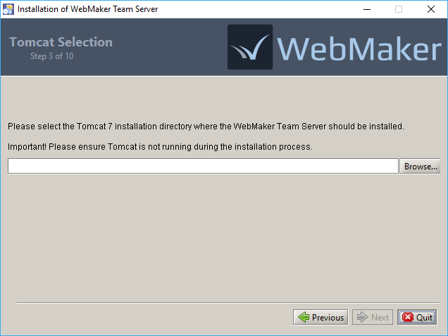 Team Server Installation - Tomcat Selection