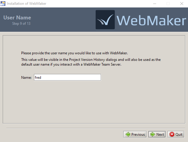WebMaker Installation - Username entry