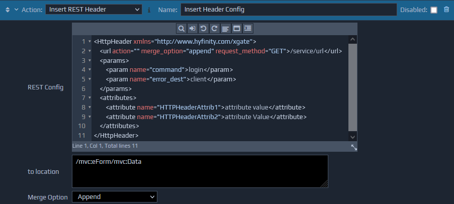 Screen-shot of an example Insert REST Header action