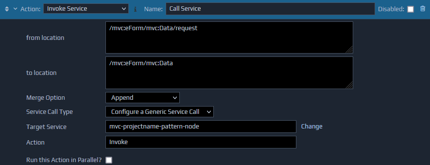 Screen-shot of an example invoke service action