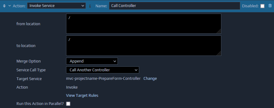 Screen-shot of a call controller invoke service action