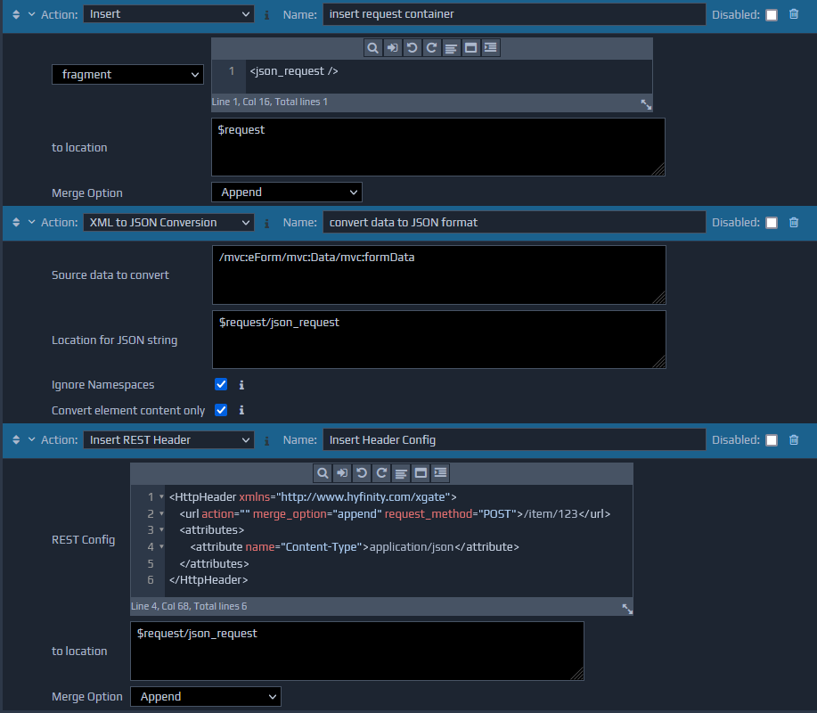 Example rule actions showing how to post JSON data to a REST service.