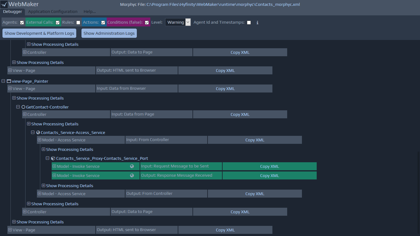 Dashboard - Debugger log screen