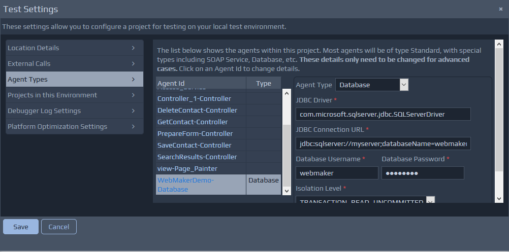 Test Settings - Agent Types screen