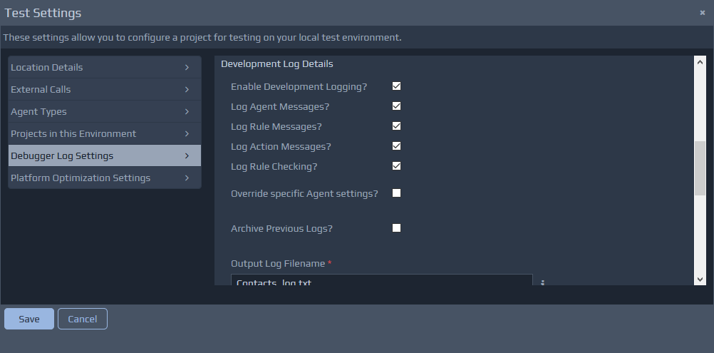 Test Settings - Development Log Settings screen
