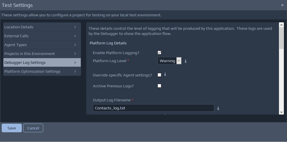 Test Settings - Platform Log Settings screen
