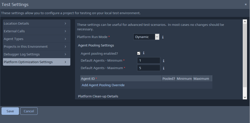 Test Settings - Platform Optimisation Settings screen
