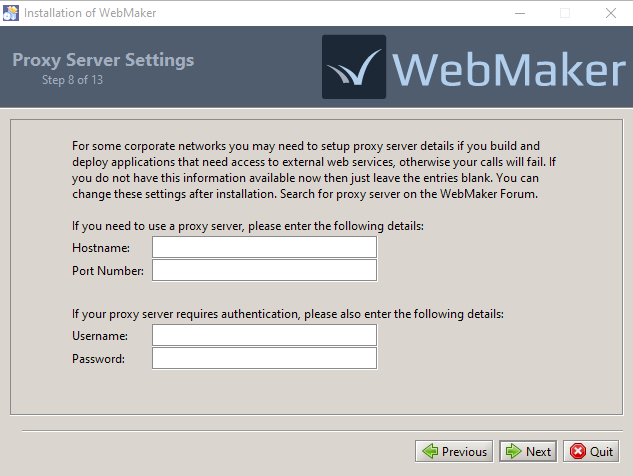 WebMaker Installation - Proxy Settings