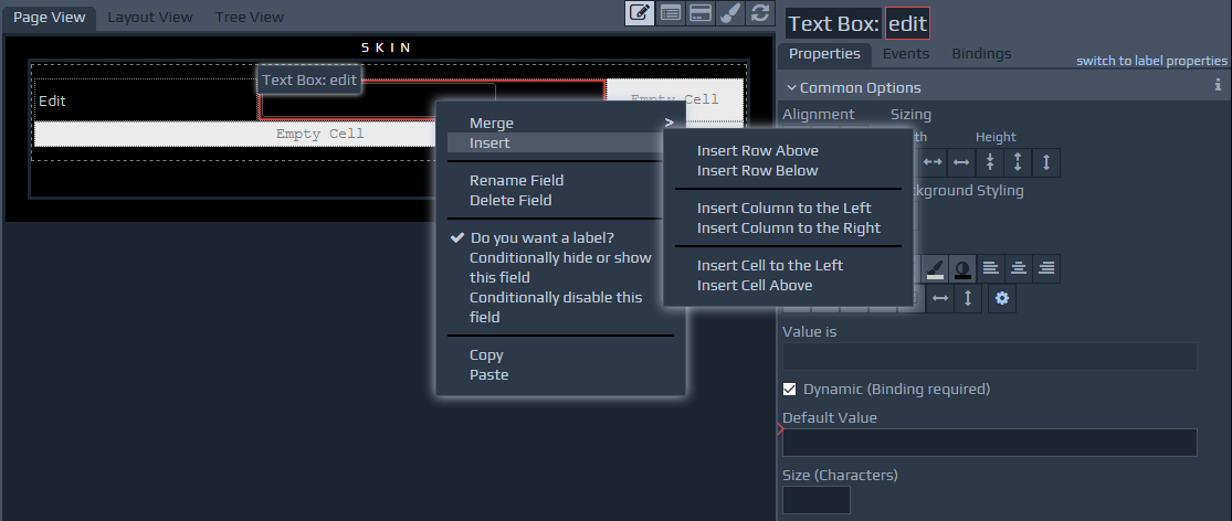 Screen-shot of Layout view grid context menu
