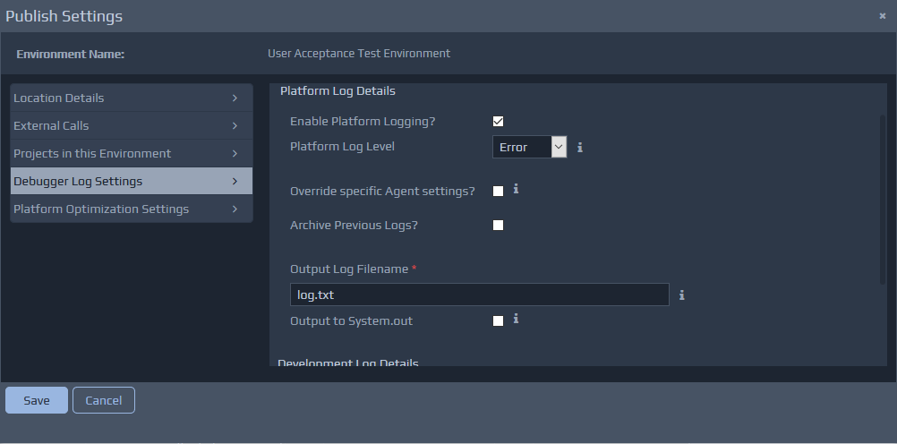 Publish Settings - Debugger Log Settings screen