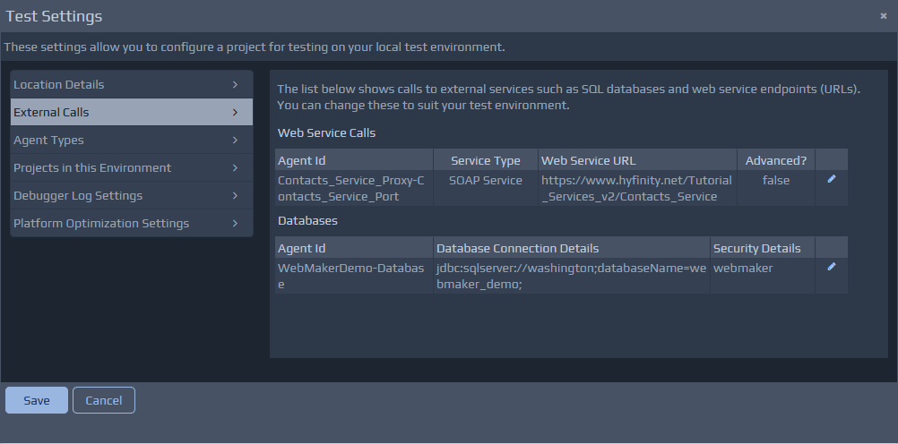 Test Settings - External Calls screen